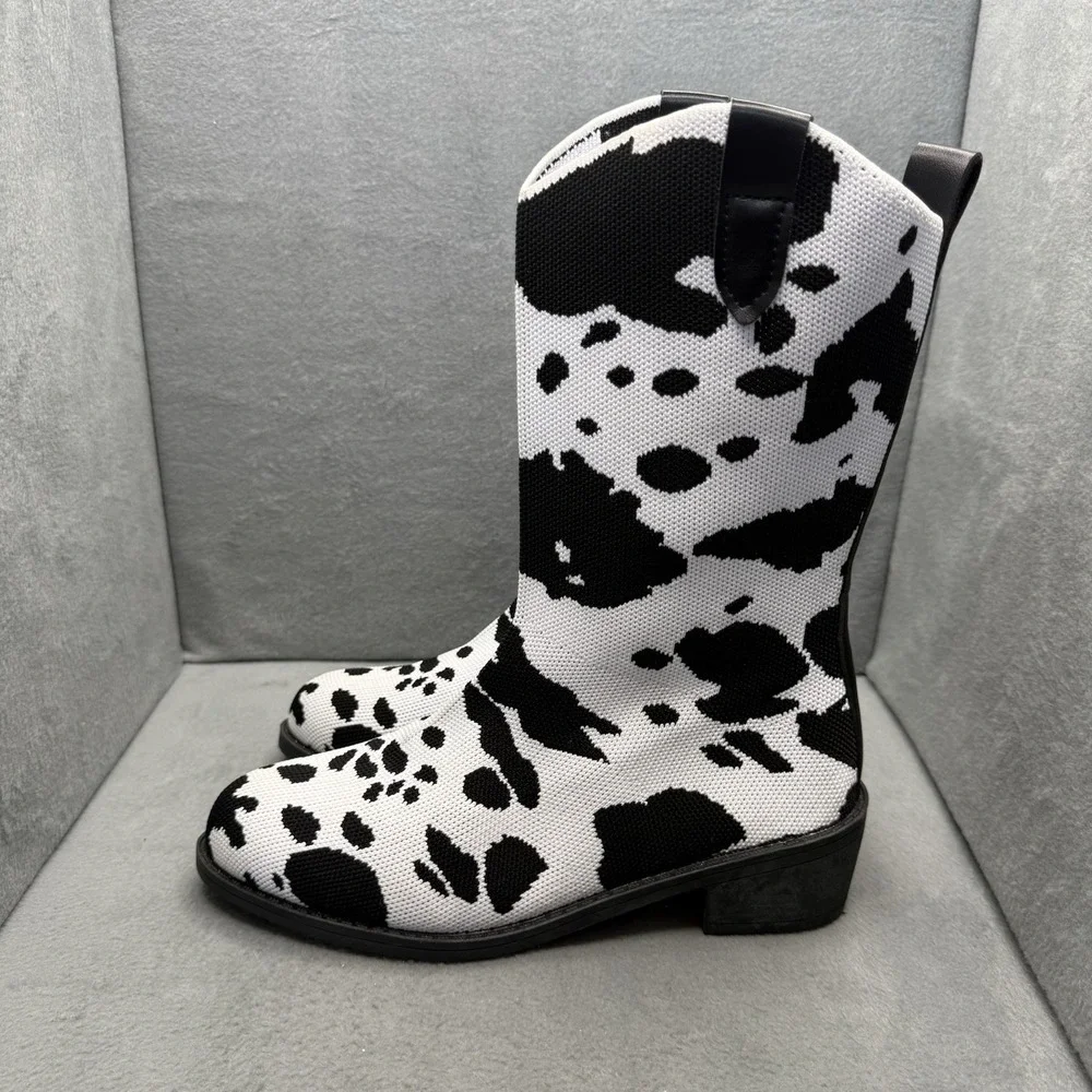 Women's Cow Print Knit Ankle Boots Size 40 Black White Block Heel Western
